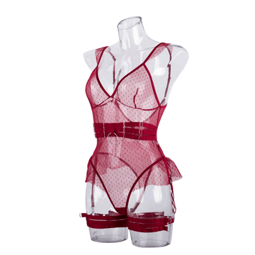 Women's Sexy Polka Dot Bodysuit with Belt and Leg Harness / Sheer Tempting Erotic Outfits - EVE's SECRETS